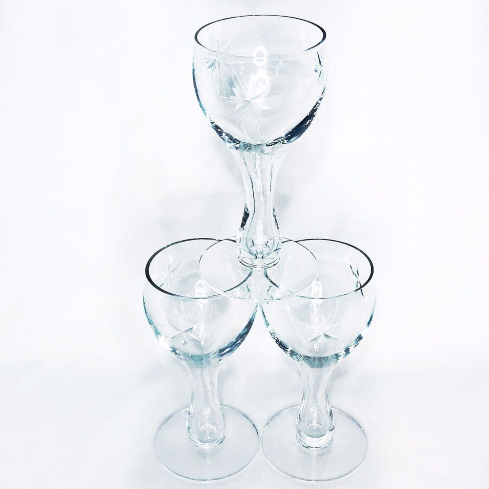 LOT OF 3 Vintage Flat Hollow Stem Champagne Wine Cordial Glasses Flowers Stars